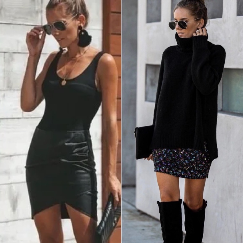 Bundle of 2 Vici Skirts: idem ditto tweed skirt, Olivaceous Faux Leather skirt